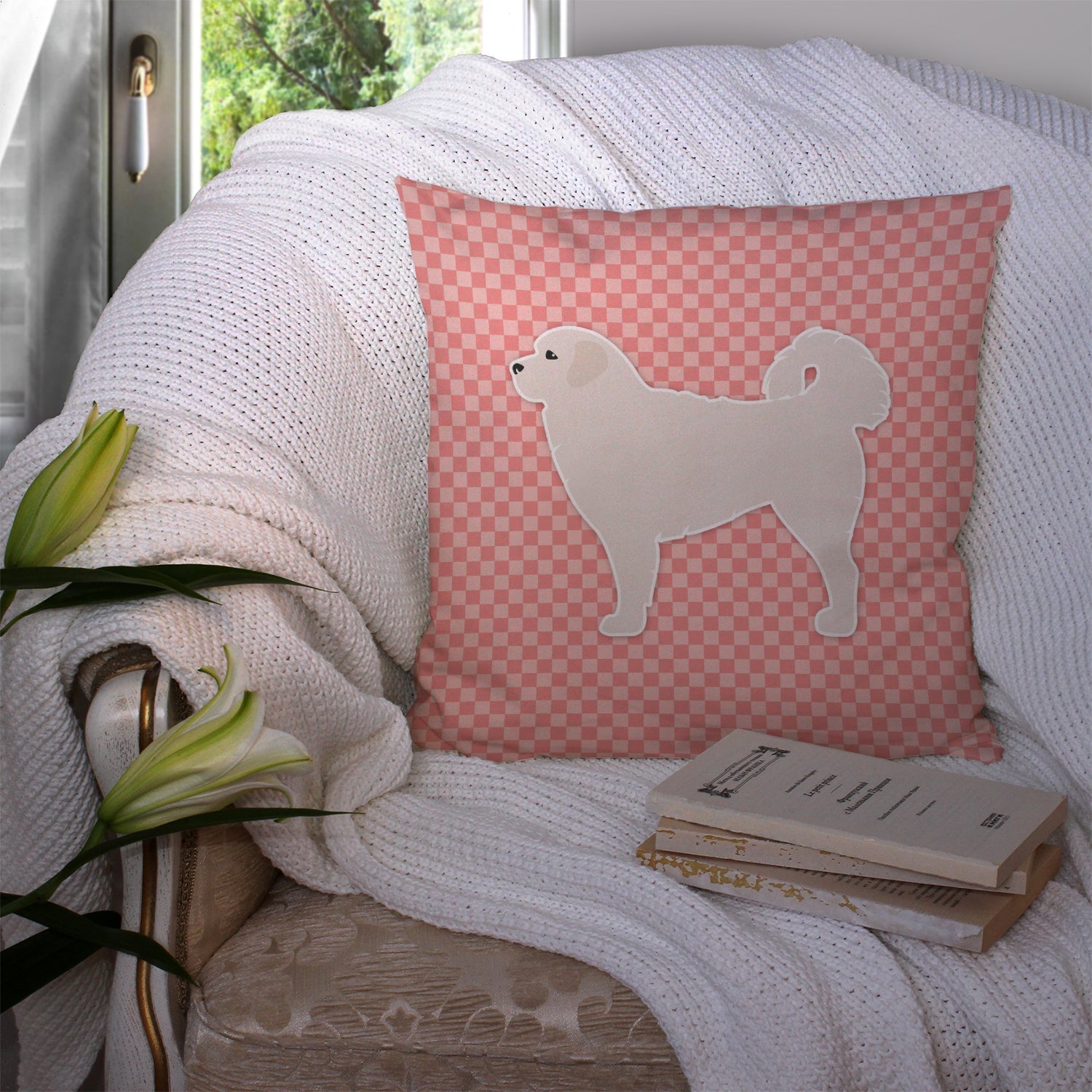 Polish Tatra Sheepdog Checkerboard Pink Decorative Throw Pillow 14x14 Indoor Outdoor Accent Cushion, Fabric Cover with Insert for Sofa, Bed, Porch & Living Room