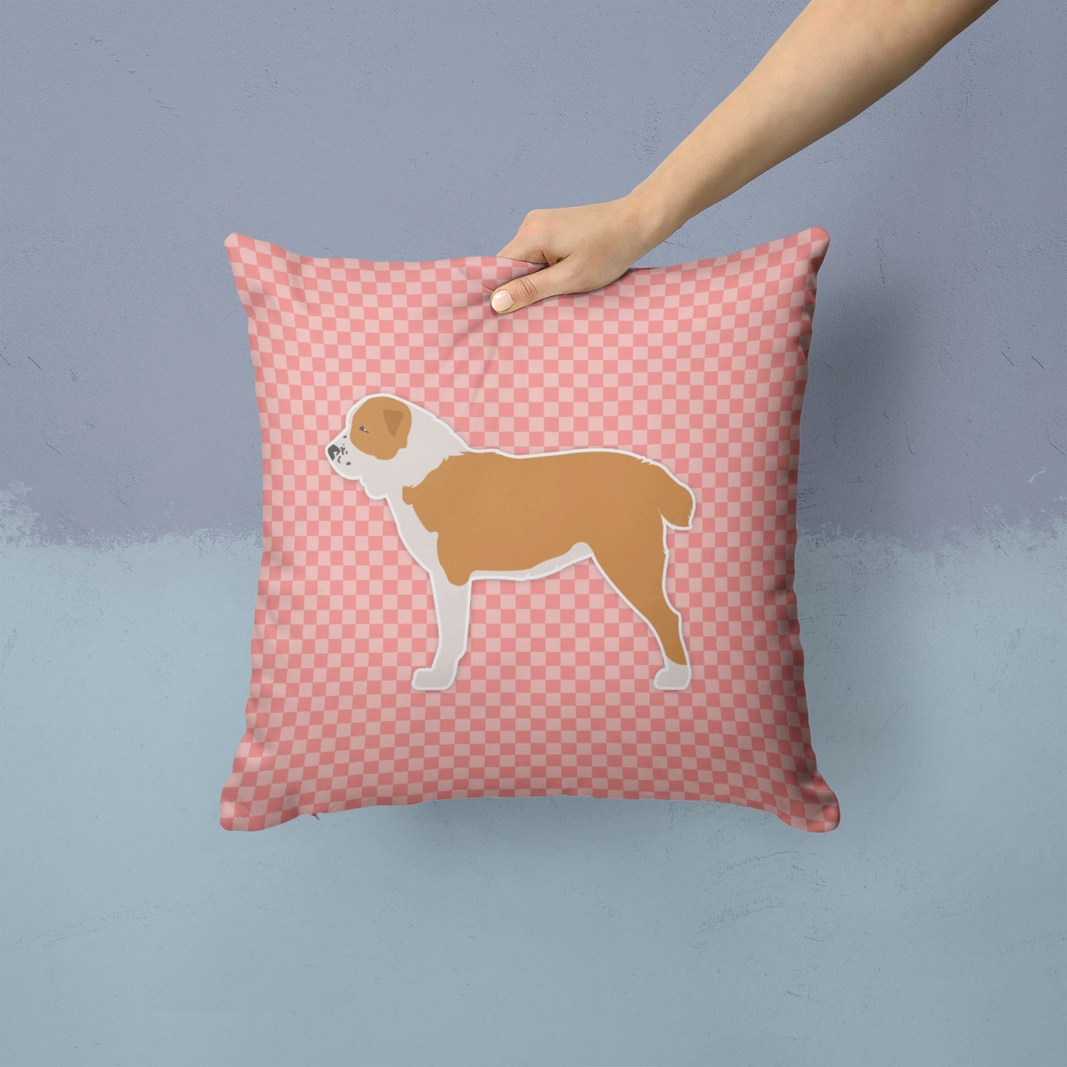 Central Asian Shepherd Dog Checkerboard Pink Decorative Throw Pillow 14x14 Indoor Outdoor Accent Cushion, Fabric Cover with Insert for Sofa, Bed, Porch & Living Room