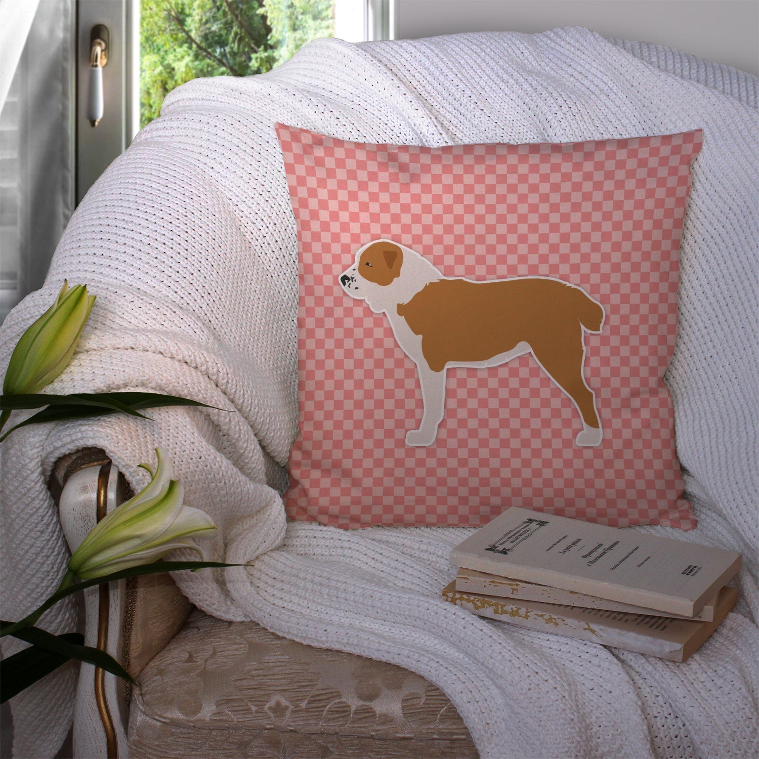 Central Asian Shepherd Dog Checkerboard Pink Decorative Throw Pillow 14x14 Indoor Outdoor Accent Cushion, Fabric Cover with Insert for Sofa, Bed, Porch & Living Room