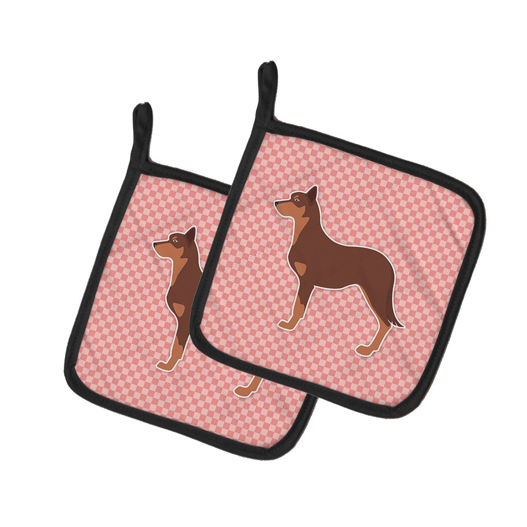 Australian Kelpie Dog Checkerboard Pink Pot Holder Set of 2 Heat Resistant Quilted Hot Pads 7.5 x 7.5 Inch, Insulated Kitchen Trivets for Cooking & Baking