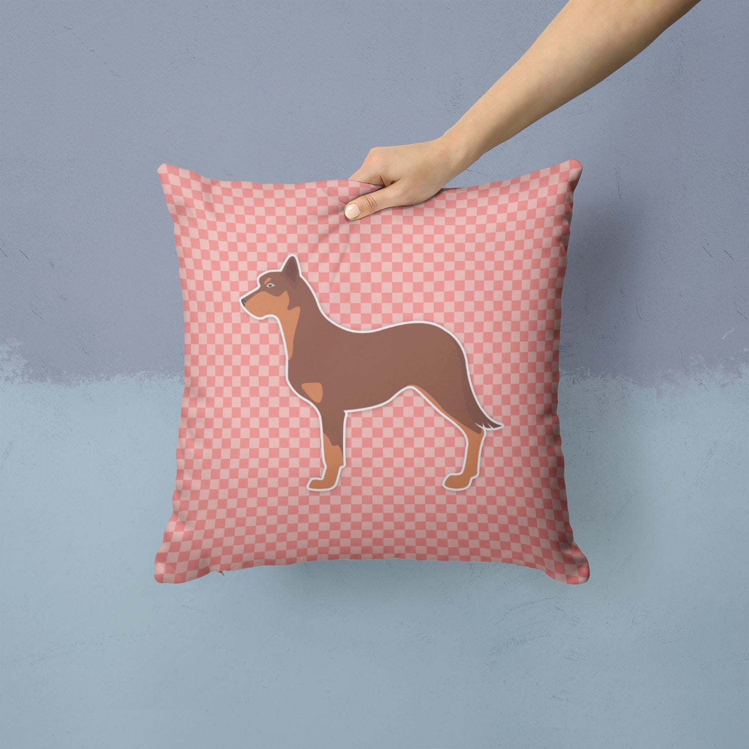 Australian Kelpie Dog Checkerboard Pink Decorative Throw Pillow 14x14 Indoor Outdoor Accent Cushion, Fabric Cover with Insert for Sofa, Bed, Porch & Living Room