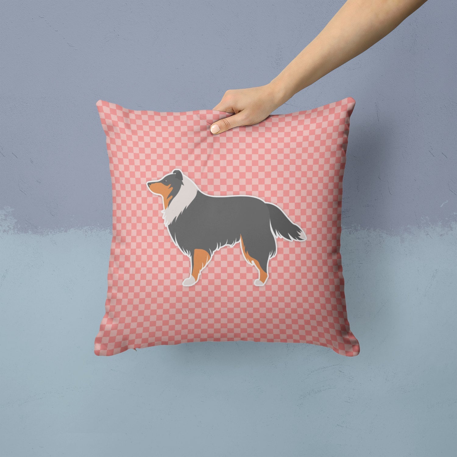 Sheltie/Shetland Sheepdog Checkerboard Pink Decorative Throw Pillow 14x14 Indoor Outdoor Accent Cushion, Fabric Cover with Insert for Sofa, Bed, Porch & Living Room
