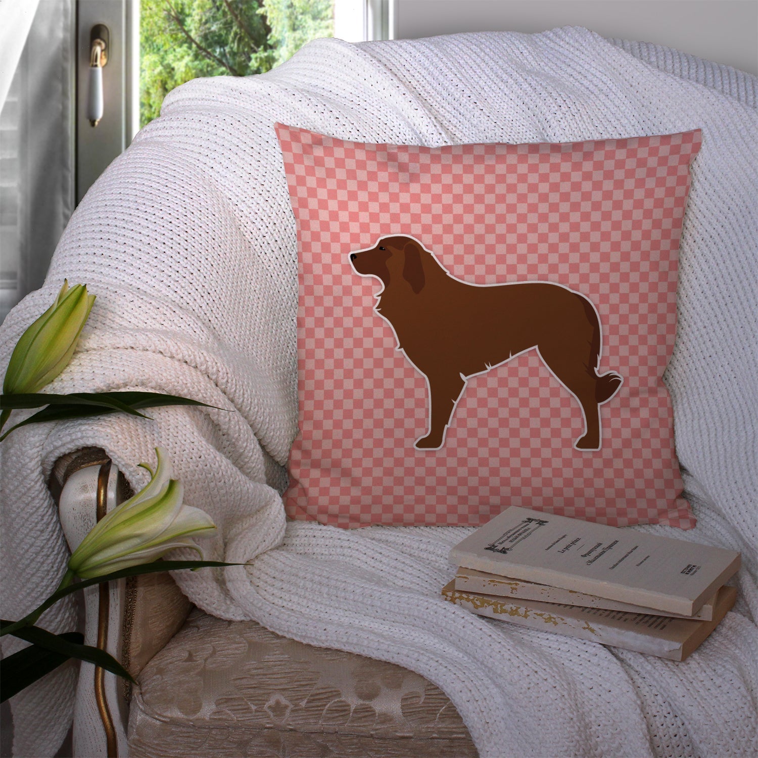 Portuguese Sheepdog Dog Checkerboard Pink Decorative Throw Pillow 14x14 Indoor Outdoor Accent Cushion, Fabric Cover with Insert for Sofa, Bed, Porch & Living Room