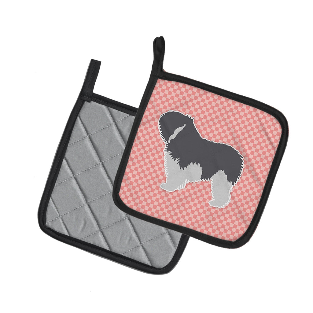 Polish Lowland Sheepdog Dog Checkerboard Pink Pot Holder Set of 2 Heat Resistant Quilted Hot Pads 7.5 x 7.5 Inch, Insulated Kitchen Trivets for Cooking & Baking