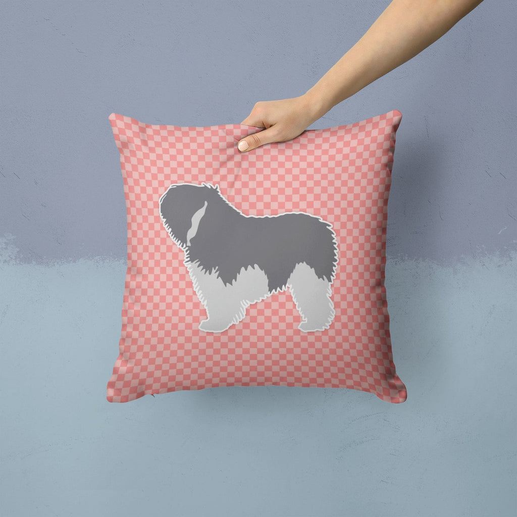 Polish Lowland Sheepdog Dog Checkerboard Pink Decorative Throw Pillow 14x14 Indoor Outdoor Accent Cushion, Fabric Cover with Insert for Sofa, Bed, Porch & Living Room
