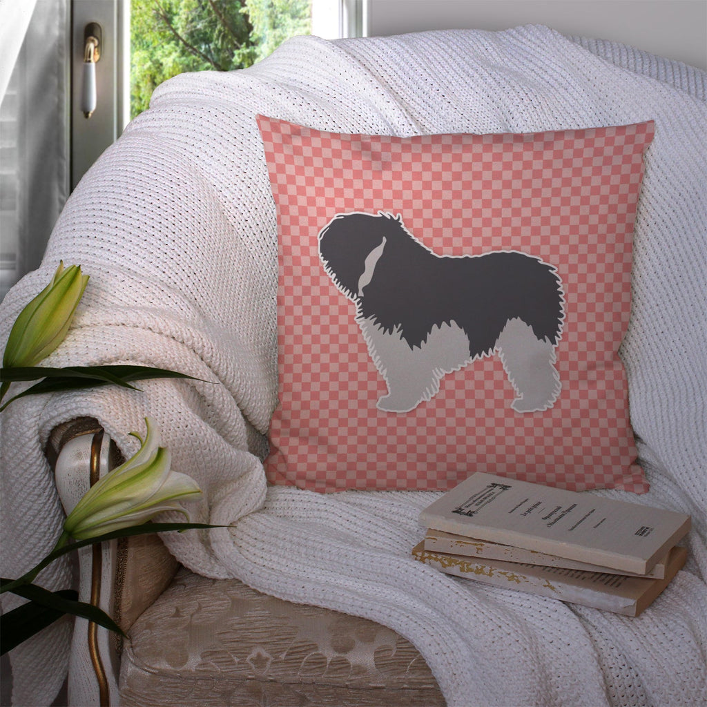 Polish Lowland Sheepdog Dog Checkerboard Pink Decorative Throw Pillow 14x14 Indoor Outdoor Accent Cushion, Fabric Cover with Insert for Sofa, Bed, Porch & Living Room