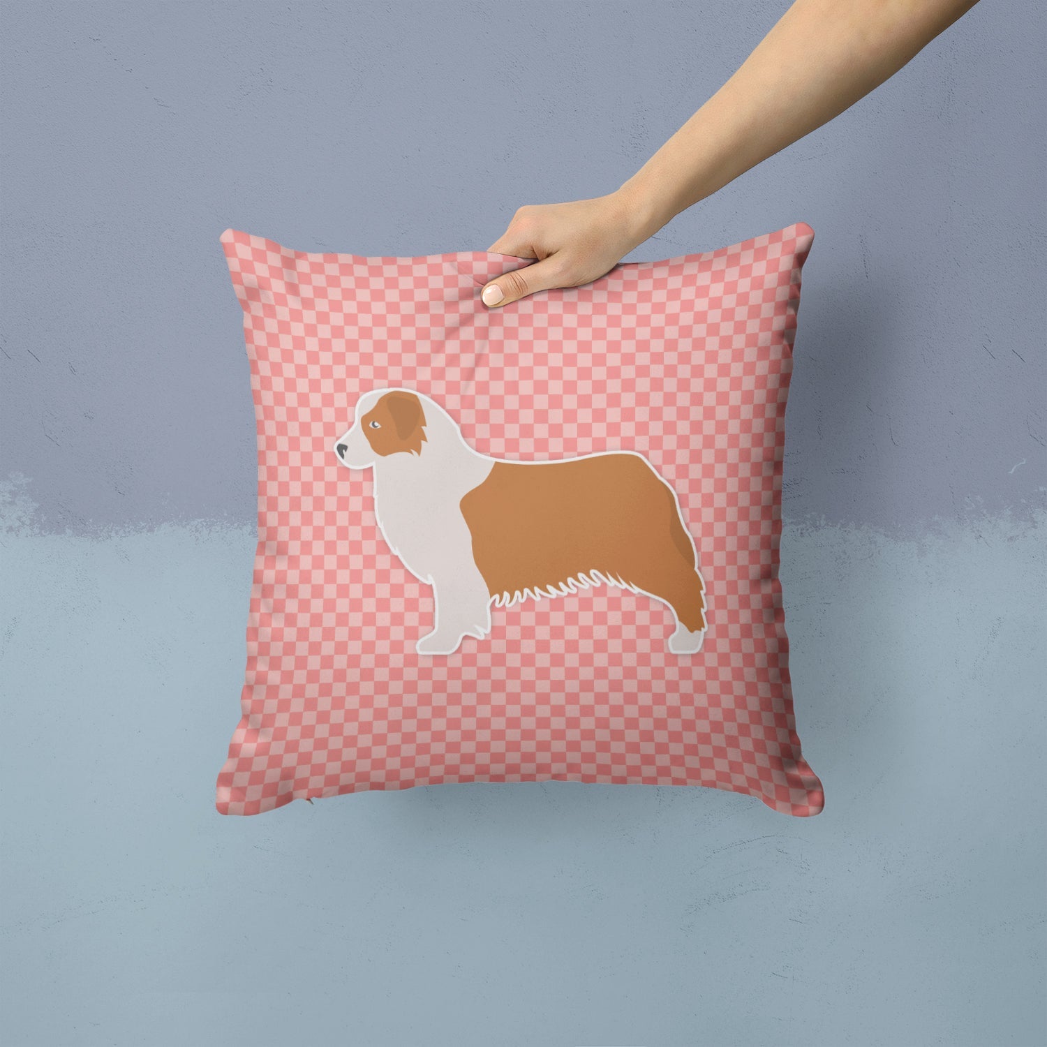 Australian Shepherd Dog Checkerboard Pink Decorative Throw Pillow 14x14 Indoor Outdoor Accent Cushion, Fabric Cover with Insert for Sofa, Bed, Porch & Living Room