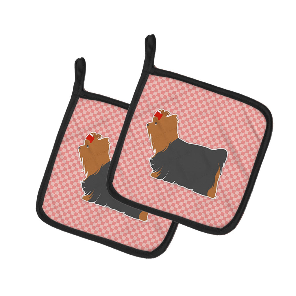 Yorkshire Terrier Yorkie Checkerboard Pink Pot Holder Set of 2 Heat Resistant Quilted Hot Pads 7.5 x 7.5 Inch, Insulated Kitchen Trivets for Cooking & Baking