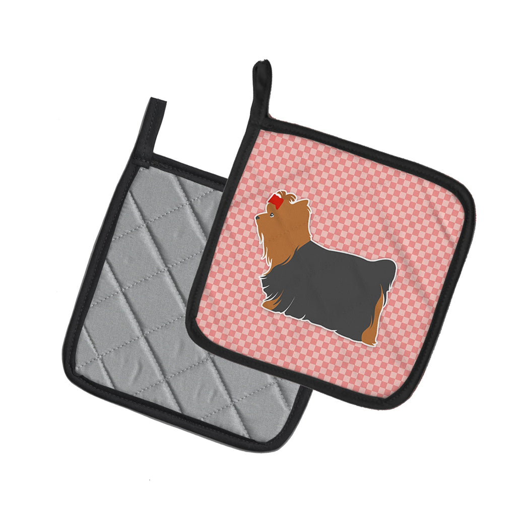 Yorkshire Terrier Yorkie Checkerboard Pink Pot Holder Set of 2 Heat Resistant Quilted Hot Pads 7.5 x 7.5 Inch, Insulated Kitchen Trivets for Cooking & Baking