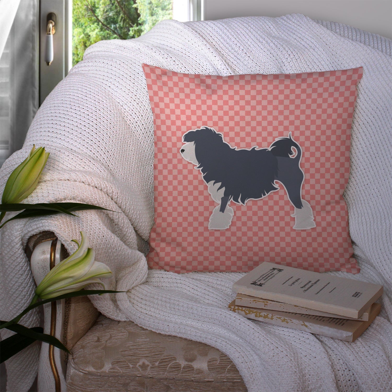 Lowchen Checkerboard Pink Decorative Throw Pillow 14x14 Indoor Outdoor Accent Cushion, Fabric Cover with Insert for Sofa, Bed, Porch & Living Room