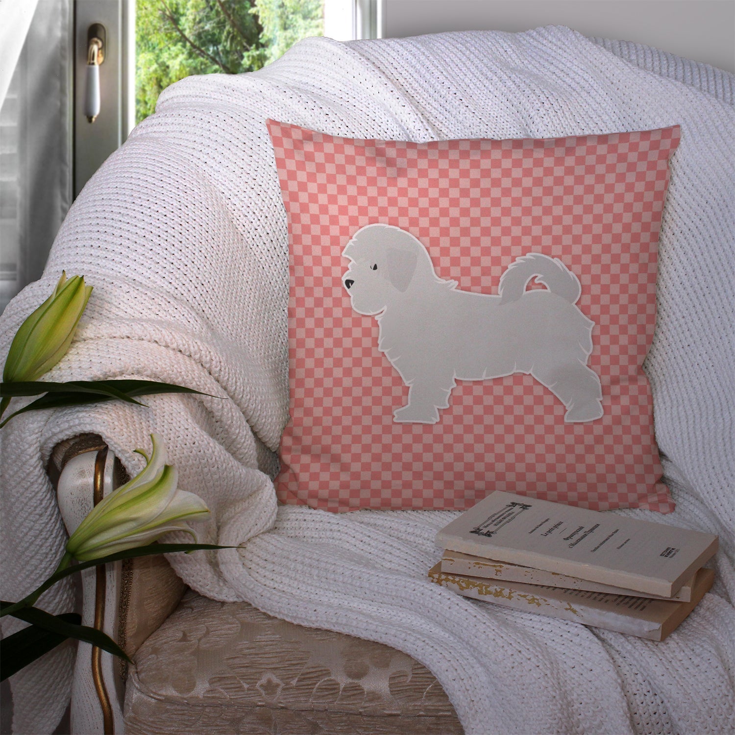 Maltese Checkerboard Pink Decorative Throw Pillow 14x14 Indoor Outdoor Accent Cushion, Fabric Cover with Insert for Sofa, Bed, Porch & Living Room