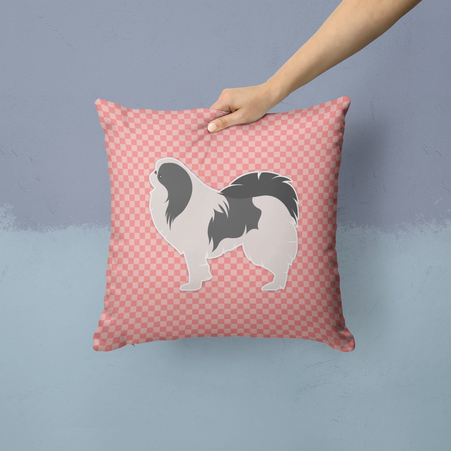 Japanese Chin Checkerboard Pink Decorative Throw Pillow 14x14 Indoor Outdoor Accent Cushion, Fabric Cover with Insert for Sofa, Bed, Porch & Living Room