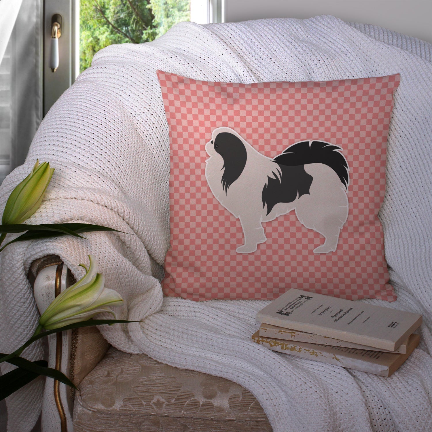 Japanese Chin Checkerboard Pink Decorative Throw Pillow 14x14 Indoor Outdoor Accent Cushion, Fabric Cover with Insert for Sofa, Bed, Porch & Living Room