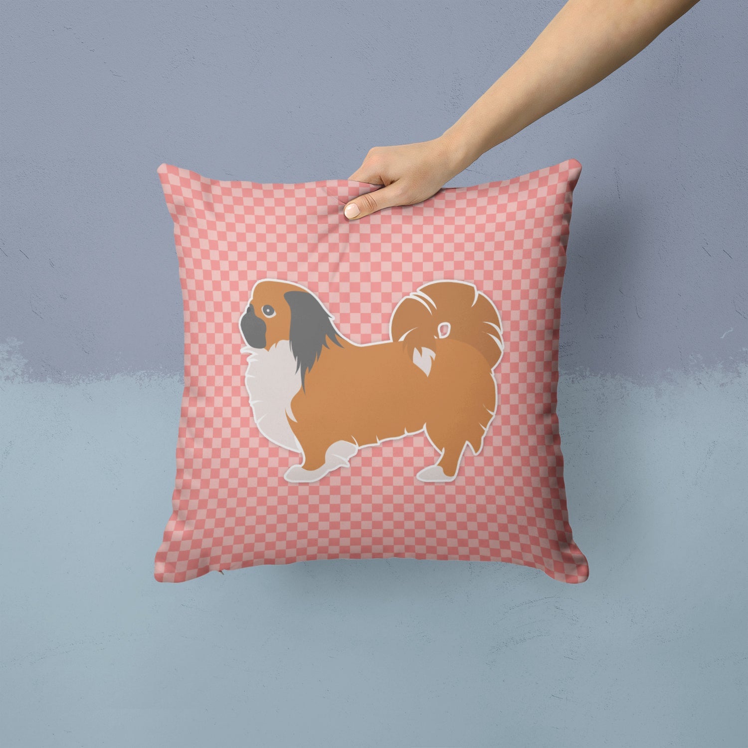 Pekingese Checkerboard Pink Decorative Throw Pillow 14x14 Indoor Outdoor Accent Cushion, Fabric Cover with Insert for Sofa, Bed, Porch & Living Room