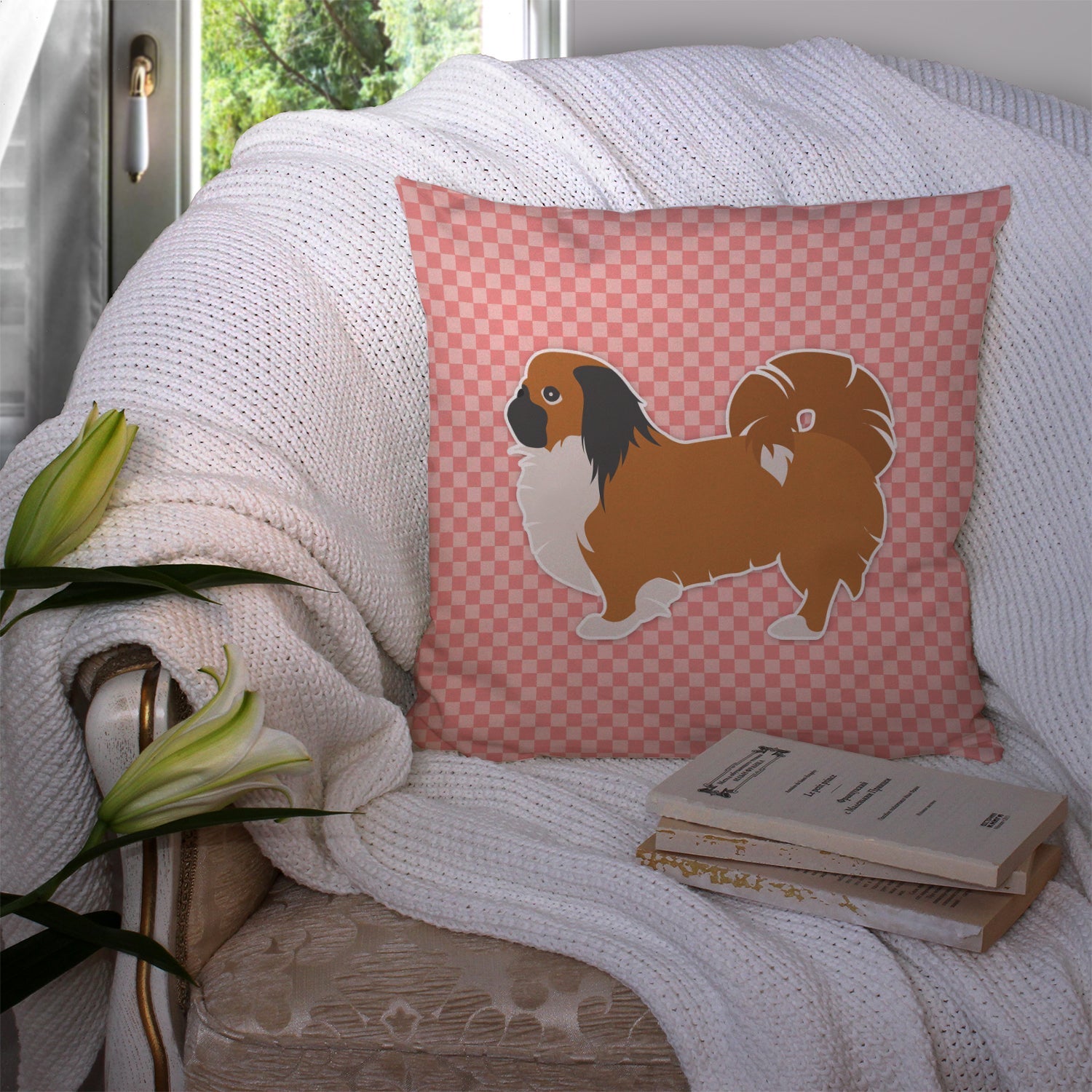 Pekingese Checkerboard Pink Decorative Throw Pillow 14x14 Indoor Outdoor Accent Cushion, Fabric Cover with Insert for Sofa, Bed, Porch & Living Room