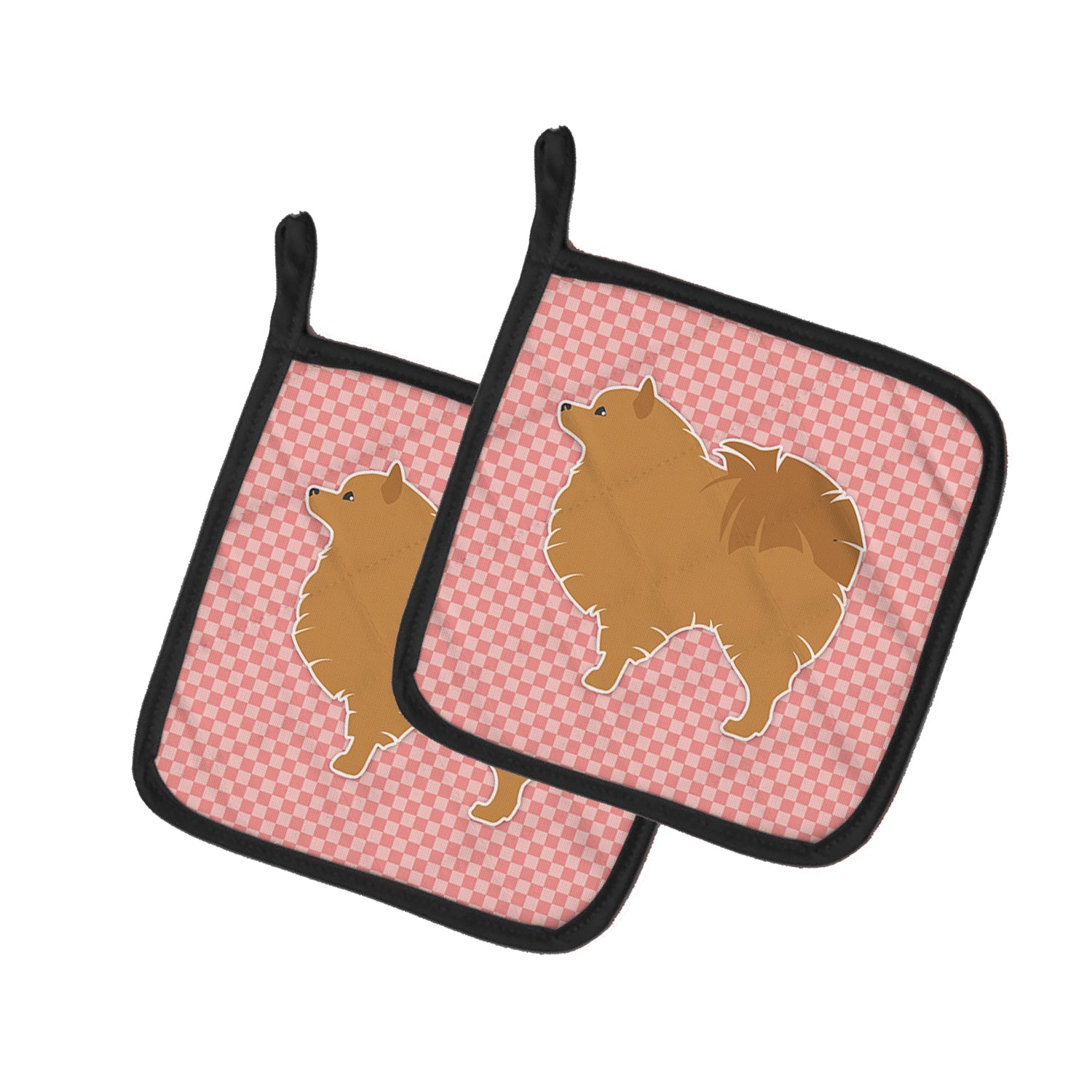 Pomeranian Checkerboard Pink Pot Holder Set of 2 Heat Resistant Quilted Hot Pads 7.5 x 7.5 Inch, Insulated Kitchen Trivets for Cooking & Baking