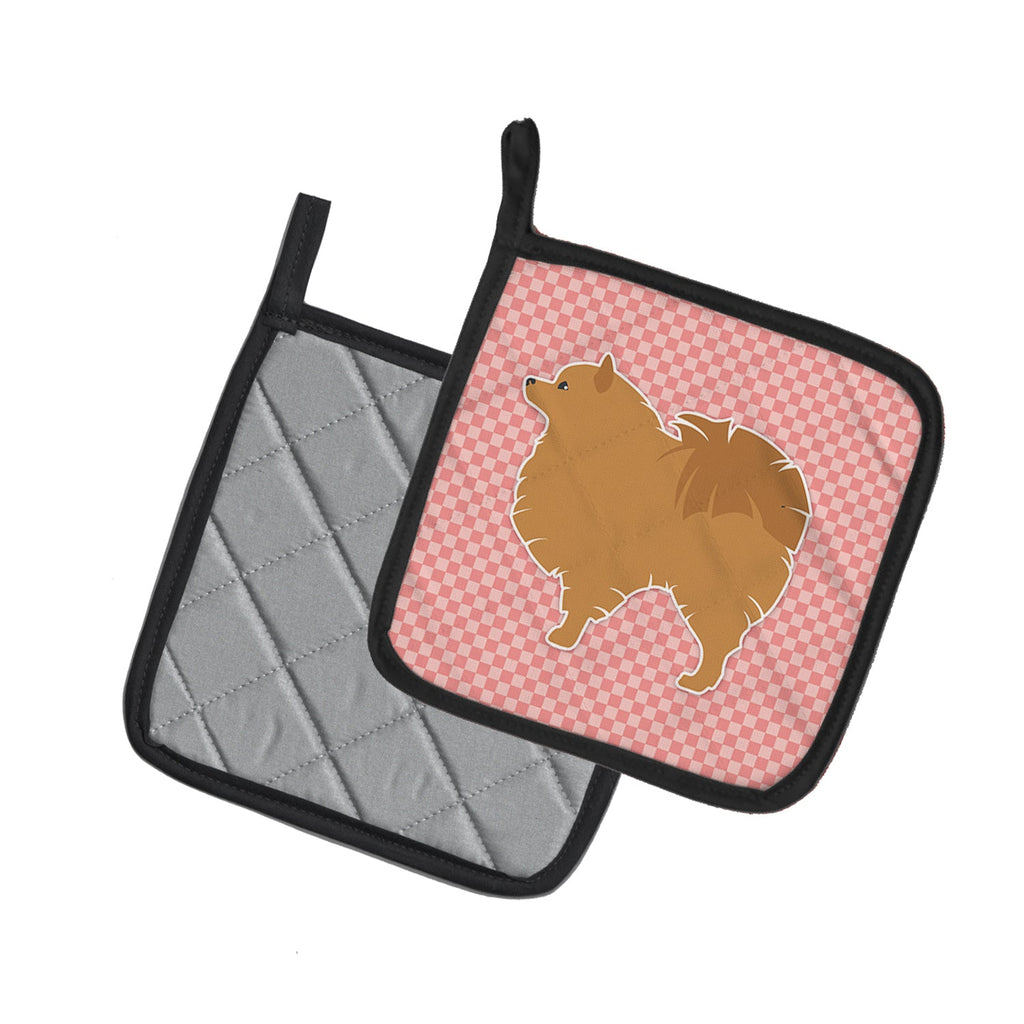 Pomeranian Checkerboard Pink Pot Holder Set of 2 Heat Resistant Quilted Hot Pads 7.5 x 7.5 Inch, Insulated Kitchen Trivets for Cooking & Baking