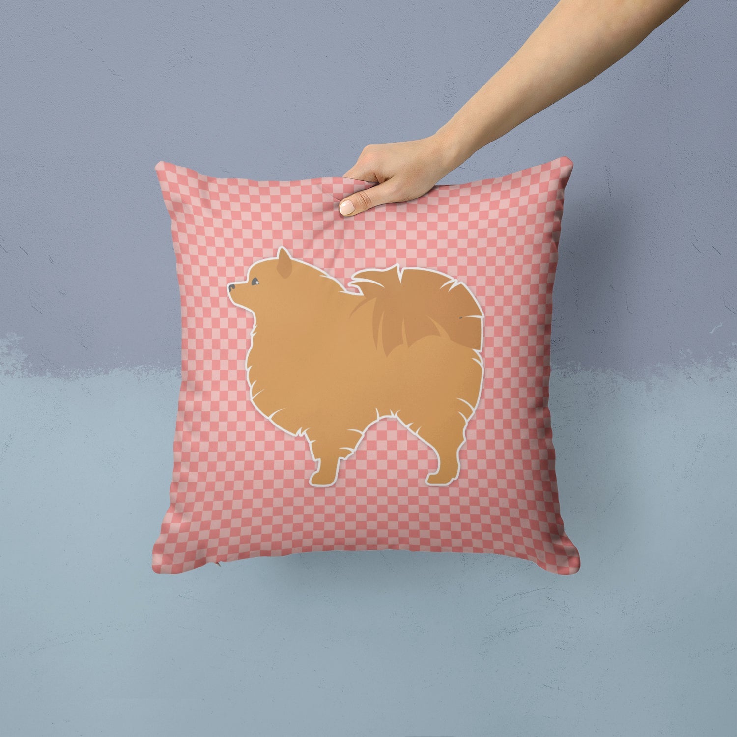Pomeranian Checkerboard Pink Decorative Throw Pillow 14x14 Indoor Outdoor Accent Cushion, Fabric Cover with Insert for Sofa, Bed, Porch & Living Room