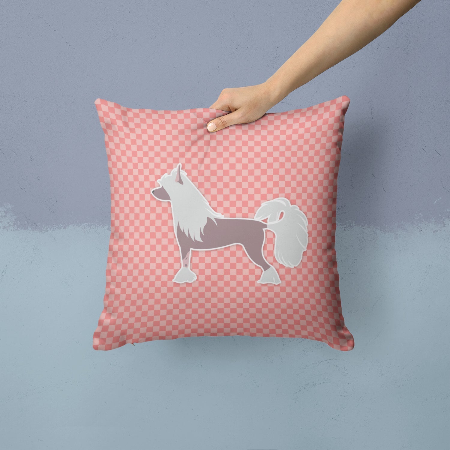 Chinese Crested Checkerboard Pink Decorative Throw Pillow 14x14 Indoor Outdoor Accent Cushion, Fabric Cover with Insert for Sofa, Bed, Porch & Living Room