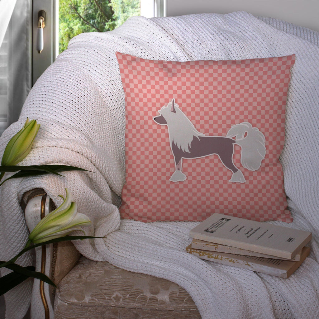 Chinese Crested Checkerboard Pink Decorative Throw Pillow 14x14 Indoor Outdoor Accent Cushion, Fabric Cover with Insert for Sofa, Bed, Porch & Living Room
