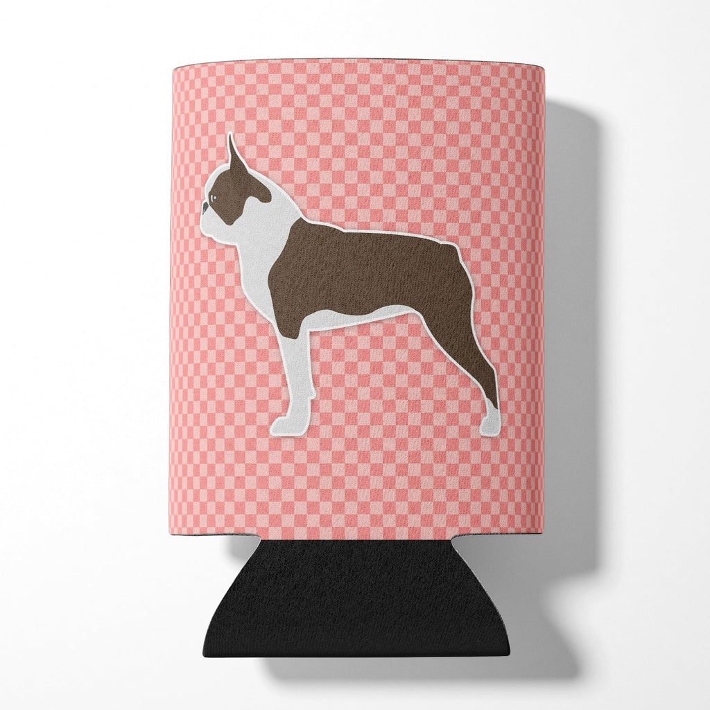Boston Terrier Checkerboard Pink Can or Bottle Hugger Cooler Sleeve for Standard 12 oz Cans, Insulated Foam Beer & Soda Can Hugger Reusable