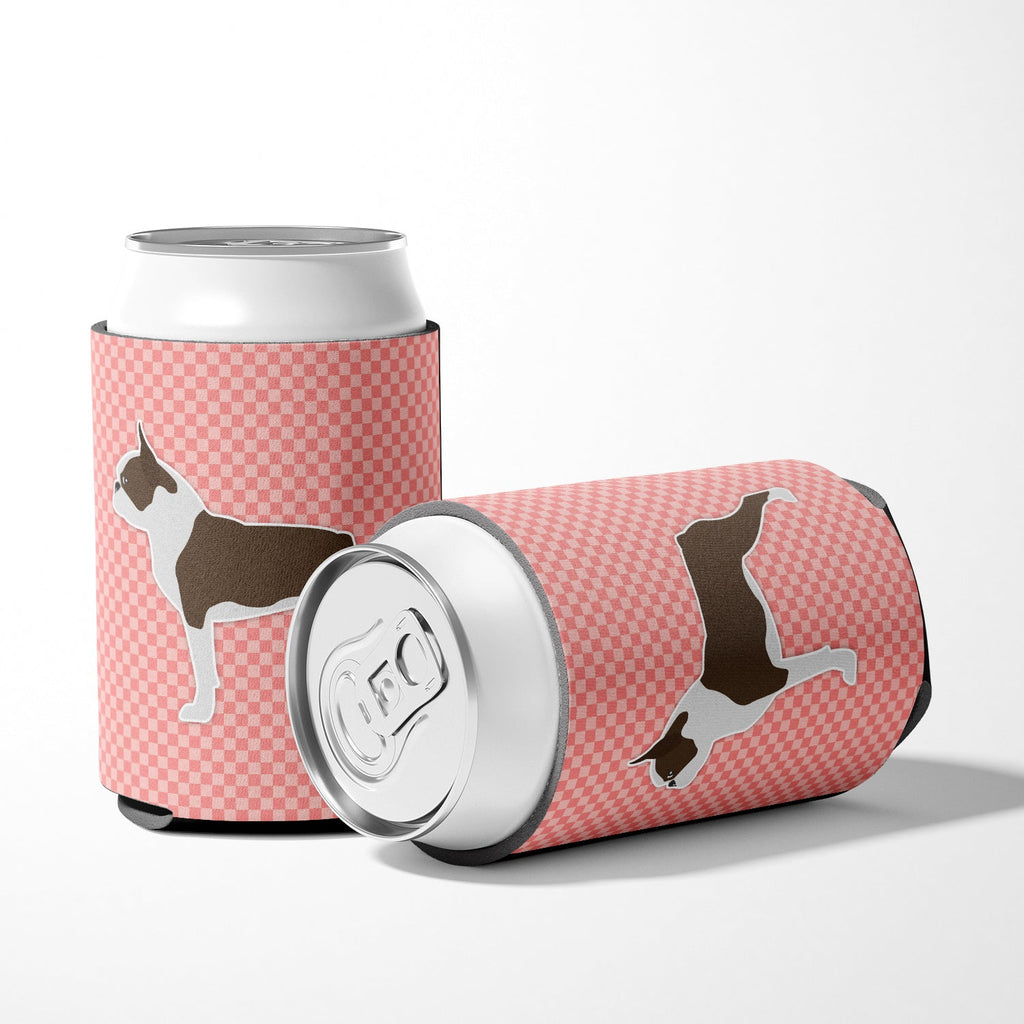 Boston Terrier Checkerboard Pink Can or Bottle Hugger Cooler Sleeve for Standard 12 oz Cans, Insulated Foam Beer & Soda Can Hugger Reusable