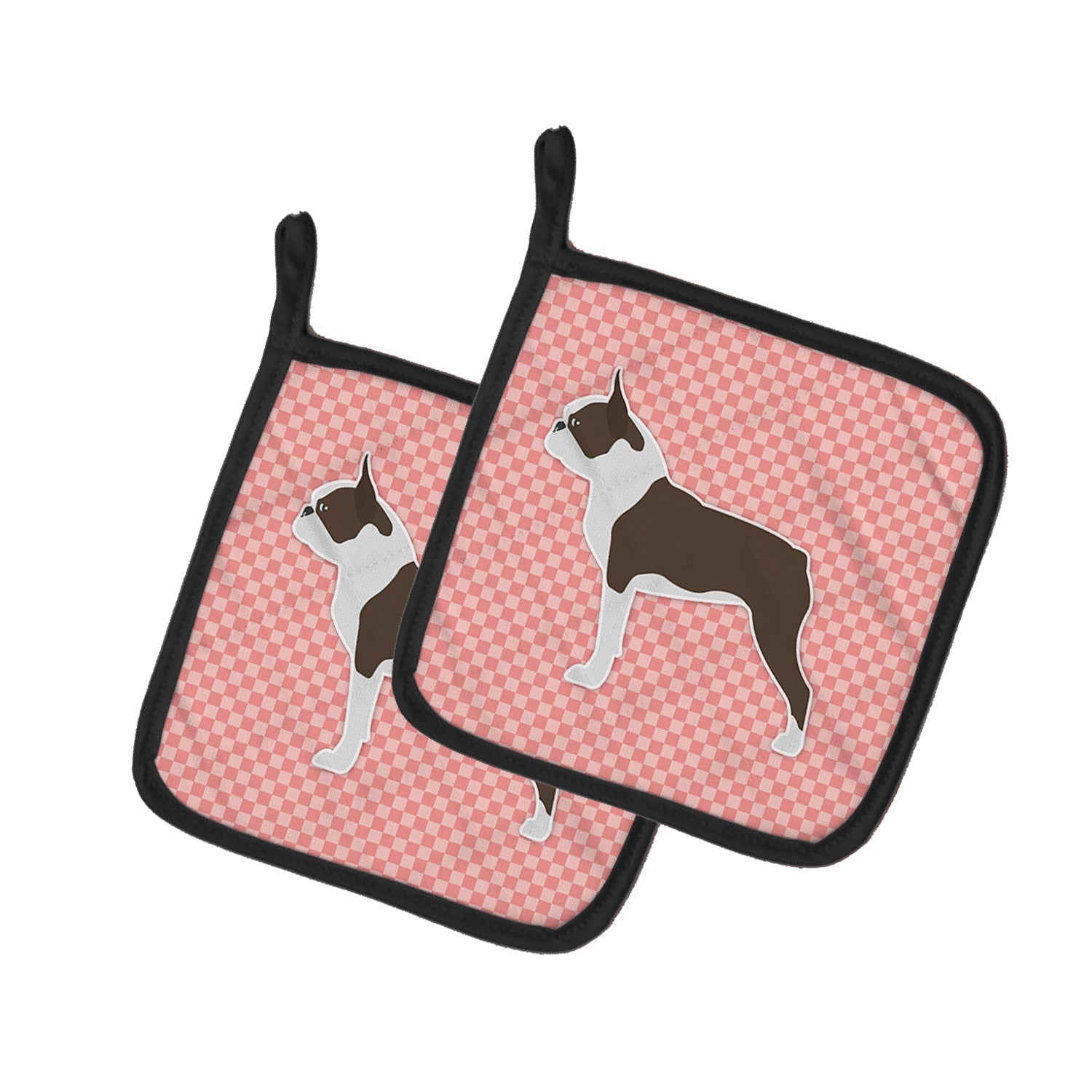 Boston Terrier Checkerboard Pink Pot Holder Set of 2 Heat Resistant Quilted Hot Pads 7.5 x 7.5 Inch, Insulated Kitchen Trivets for Cooking & Baking