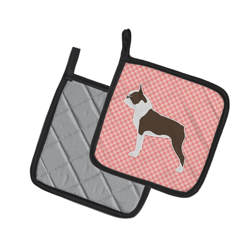 Boston Terrier Checkerboard Pink Pot Holder Set of 2 Heat Resistant Quilted Hot Pads 7.5 x 7.5 Inch, Insulated Kitchen Trivets for Cooking & Baking