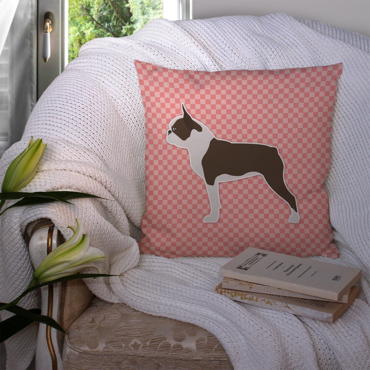 Boston Terrier Checkerboard Pink Decorative Throw Pillow 14x14 Indoor Outdoor Accent Cushion, Fabric Cover with Insert for Sofa, Bed, Porch & Living Room