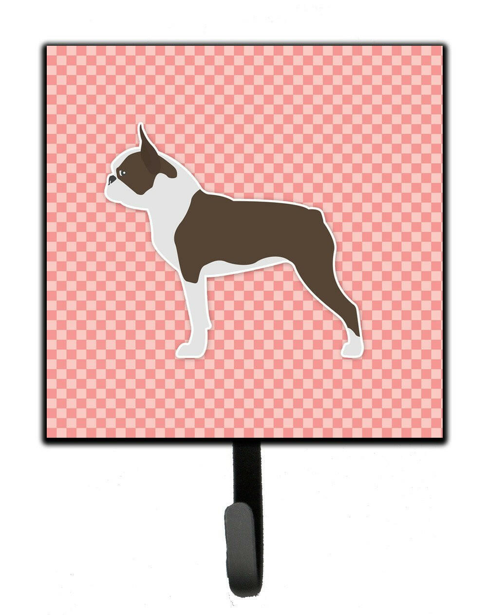 Boston Terrier Checkerboard Pink Leash or Key Holder Wall Hooks, Key Hooks Holder, Coat Rack Wall Mount, Coat Hooks, Hooks for Hanging Keys, Towels, Aprons, Leashes