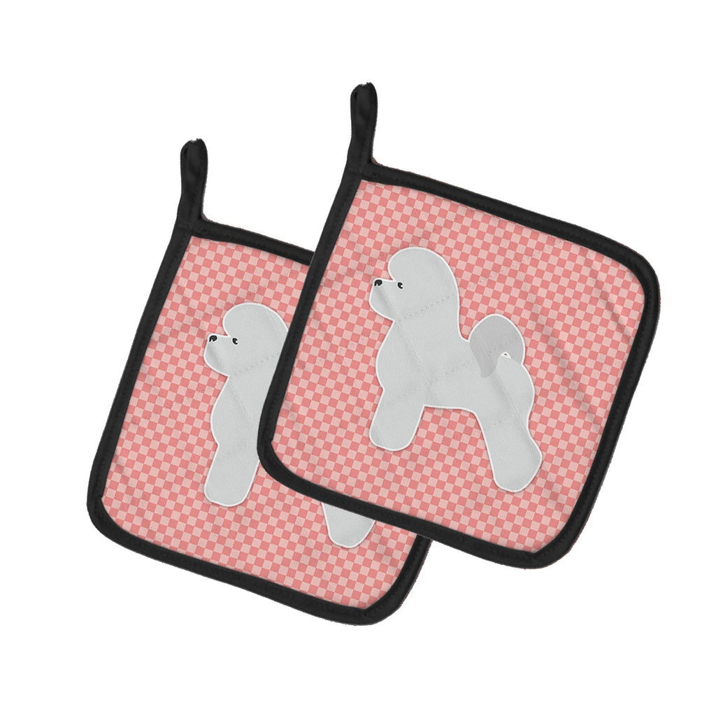 Bichon Frise Checkerboard Pink Pot Holder Set of 2 Heat Resistant Quilted Hot Pads 7.5 x 7.5 Inch, Insulated Kitchen Trivets for Cooking & Baking