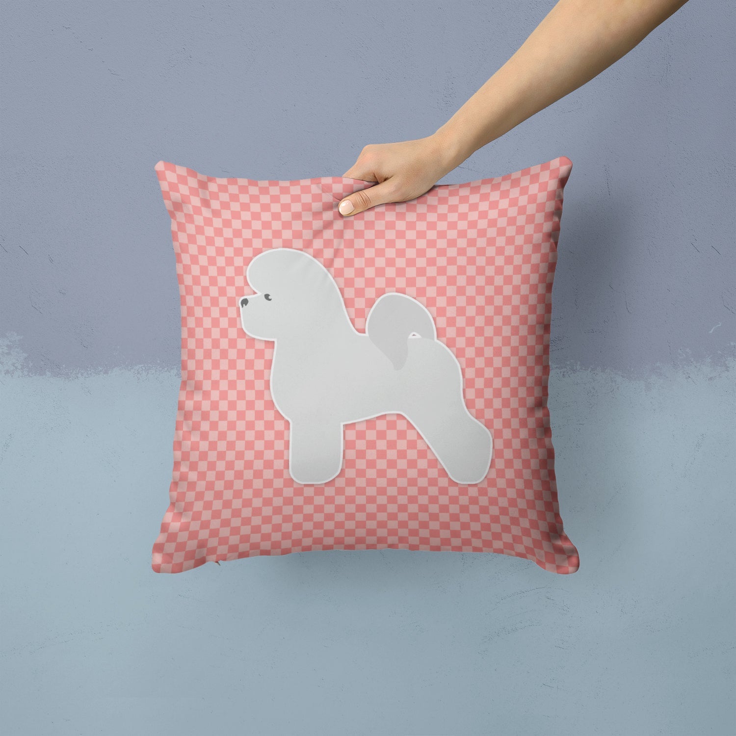 Bichon Frise Checkerboard Pink Decorative Throw Pillow 14x14 Indoor Outdoor Accent Cushion, Fabric Cover with Insert for Sofa, Bed, Porch & Living Room
