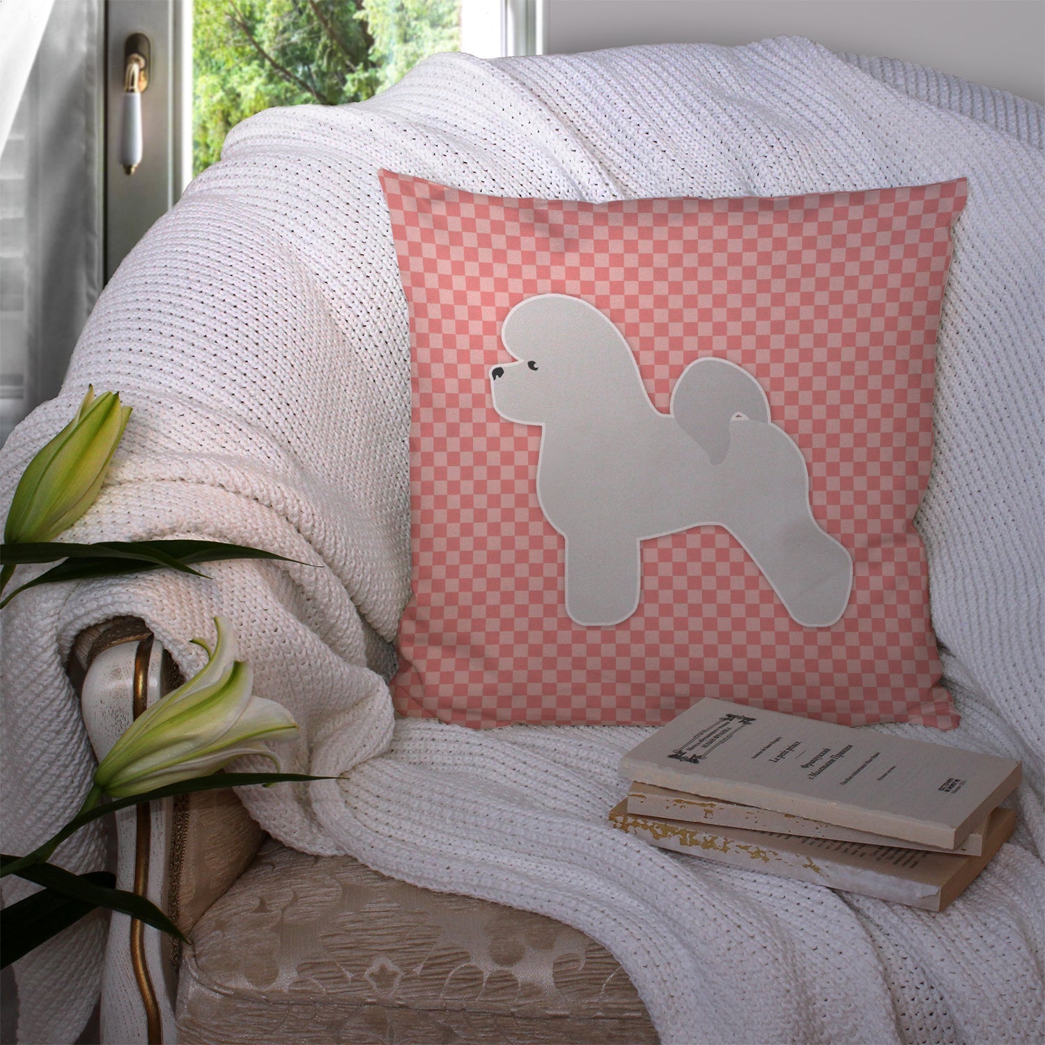 Bichon Frise Checkerboard Pink Decorative Throw Pillow 14x14 Indoor Outdoor Accent Cushion, Fabric Cover with Insert for Sofa, Bed, Porch & Living Room