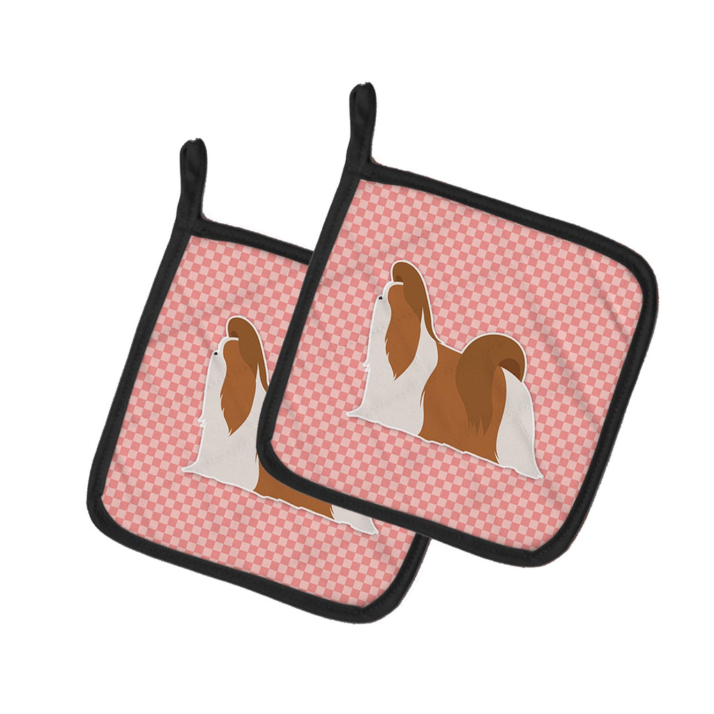 Shih Tzu Checkerboard Pink Pot Holder Set of 2 Heat Resistant Quilted Hot Pads 7.5 x 7.5 Inch, Insulated Kitchen Trivets for Cooking & Baking
