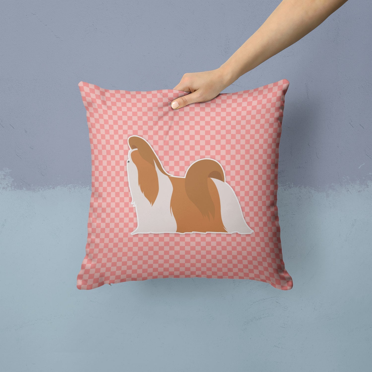 Shih Tzu Checkerboard Pink Decorative Throw Pillow 14x14 Indoor Outdoor Accent Cushion, Fabric Cover with Insert for Sofa, Bed, Porch & Living Room