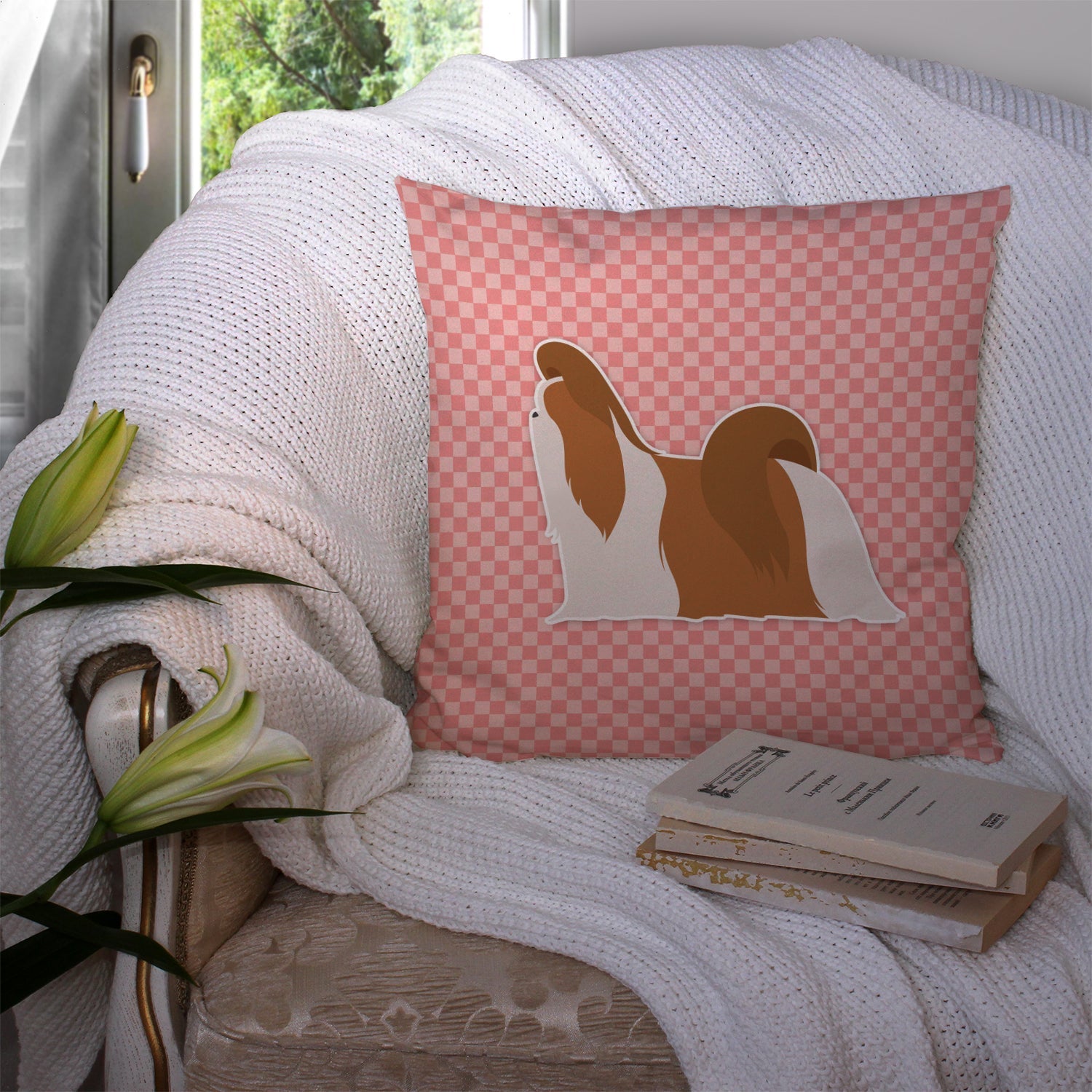 Shih Tzu Checkerboard Pink Decorative Throw Pillow 14x14 Indoor Outdoor Accent Cushion, Fabric Cover with Insert for Sofa, Bed, Porch & Living Room