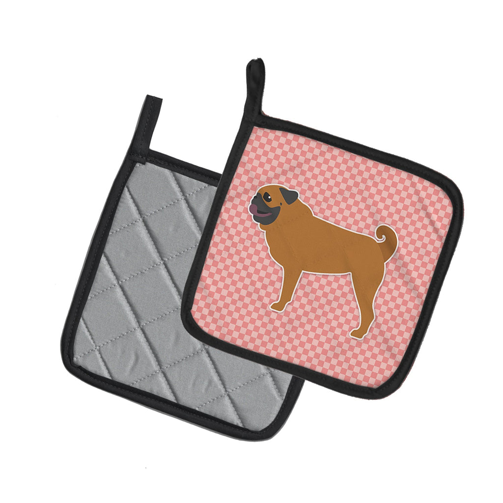Pug Checkerboard Pink Pot Holder Set of 2 Heat Resistant Quilted Hot Pads 7.5 x 7.5 Inch, Insulated Kitchen Trivets for Cooking & Baking