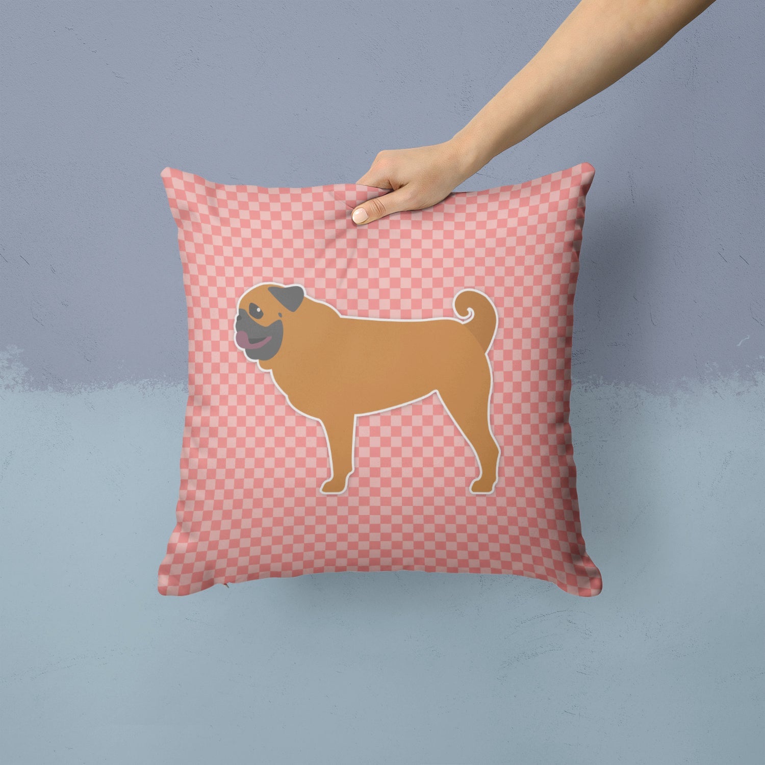 Pug Checkerboard Pink Decorative Throw Pillow 14x14 Indoor Outdoor Accent Cushion, Fabric Cover with Insert for Sofa, Bed, Porch & Living Room