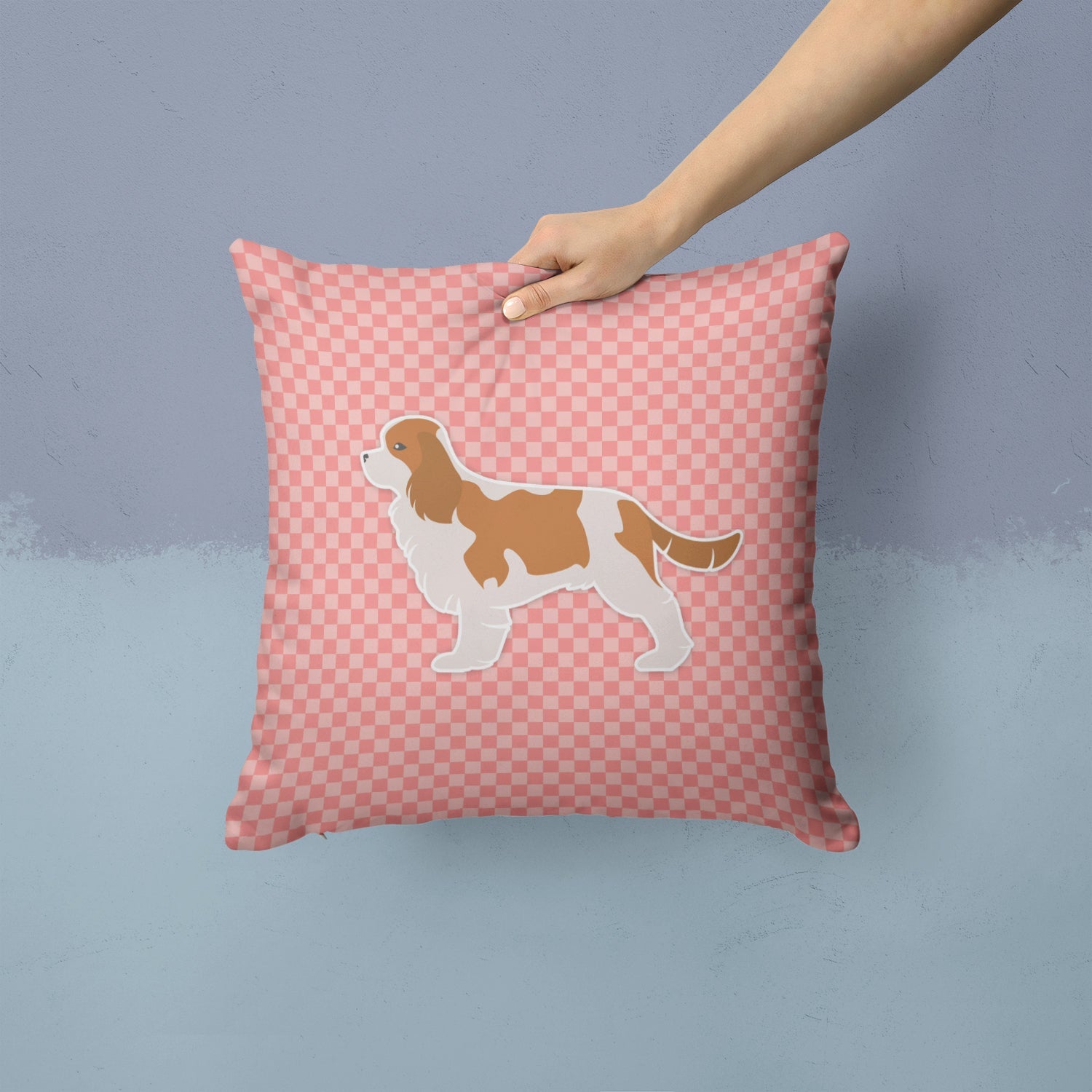 Cavalier King Charles Spaniel Checkerboard Pink Decorative Throw Pillow 14x14 Indoor Outdoor Accent Cushion, Fabric Cover with Insert for Sofa, Bed, Porch & Living Room