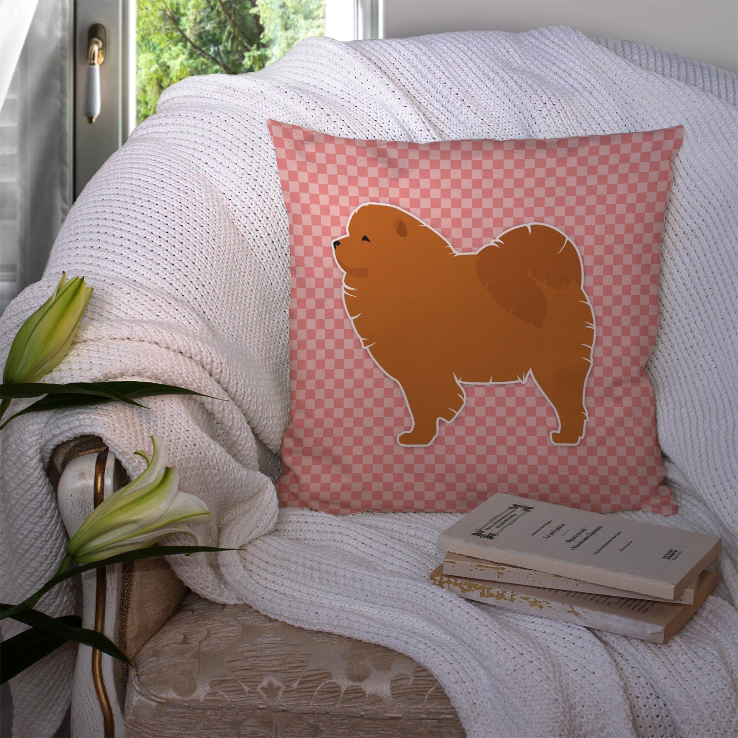 Chow Chow Checkerboard Pink Decorative Throw Pillow 14x14 Indoor Outdoor Accent Cushion, Fabric Cover with Insert for Sofa, Bed, Porch & Living Room