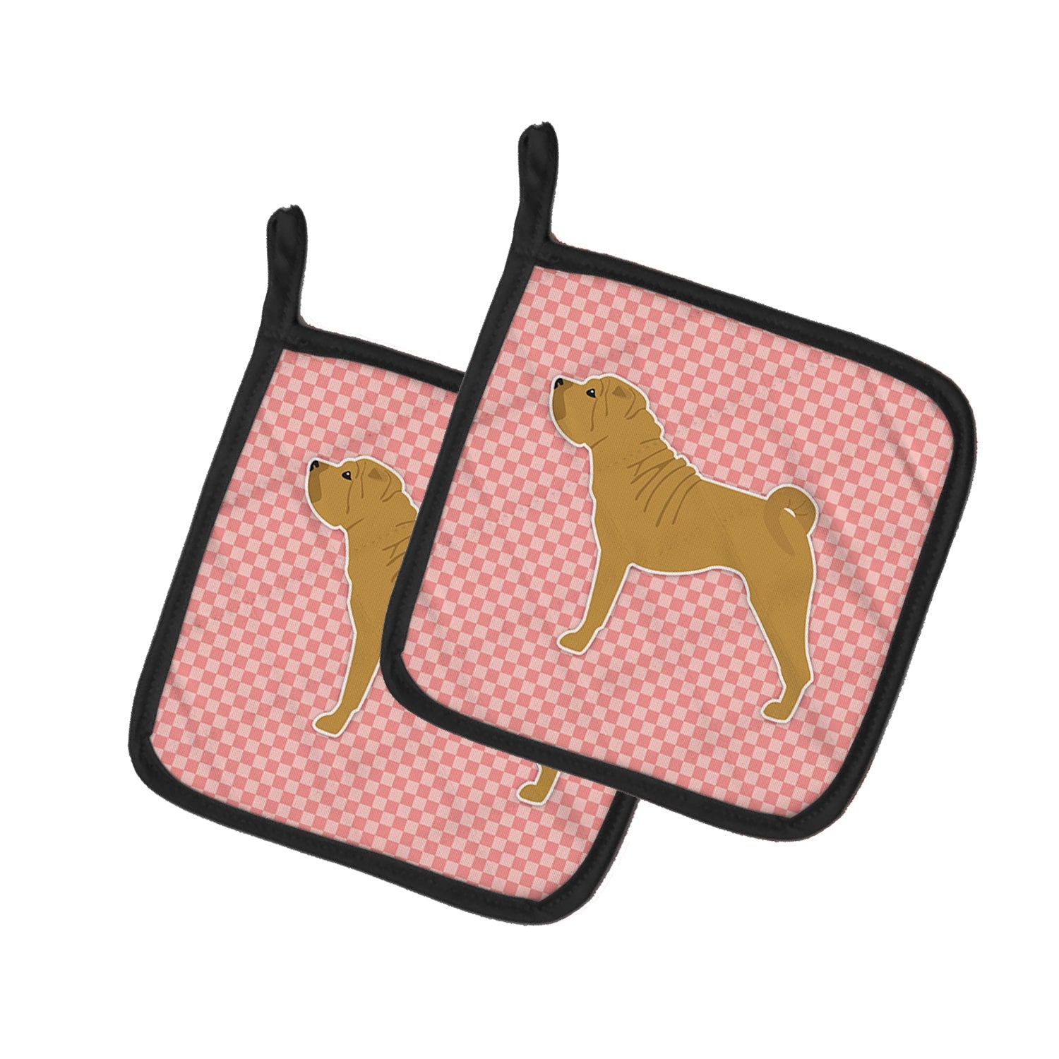 Shar Pei Merry Checkerboard Pink Pot Holder Set of 2 Heat Resistant Quilted Hot Pads 7.5 x 7.5 Inch, Insulated Kitchen Trivets for Cooking & Baking