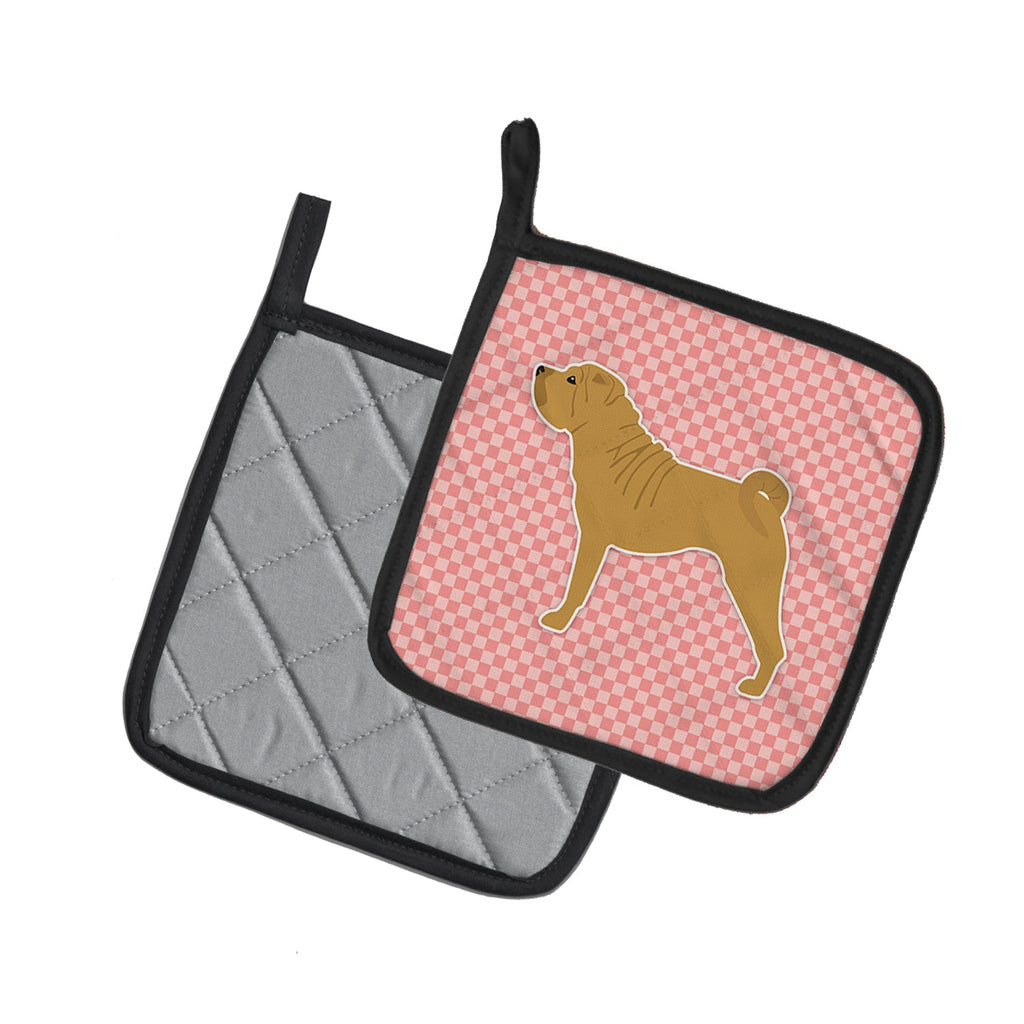 Shar Pei Merry Checkerboard Pink Pot Holder Set of 2 Heat Resistant Quilted Hot Pads 7.5 x 7.5 Inch, Insulated Kitchen Trivets for Cooking & Baking