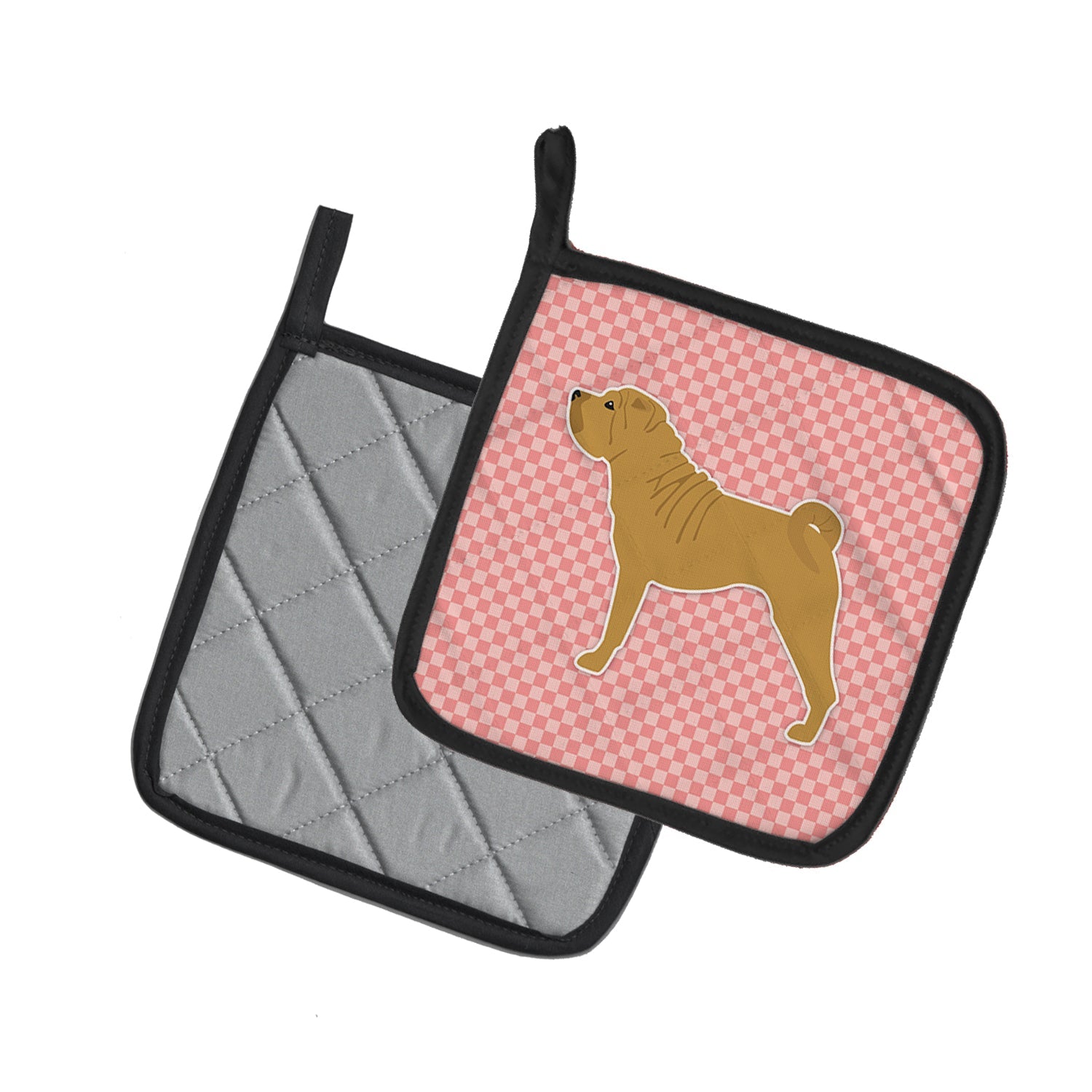 Shar Pei Merry Checkerboard Pink Pot Holder Set of 2 Heat Resistant Quilted Hot Pads 7.5 x 7.5 Inch, Insulated Kitchen Trivets for Cooking & Baking
