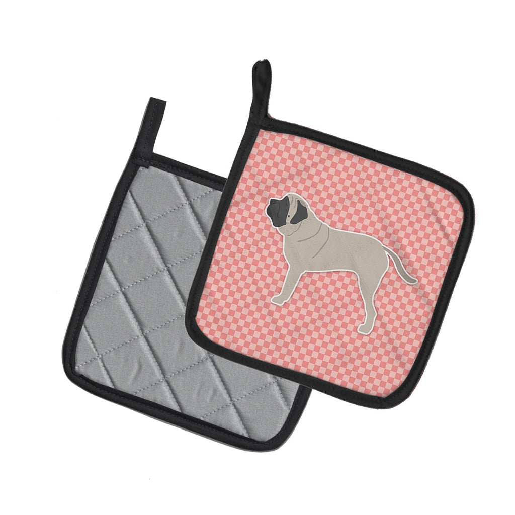 English Mastiff Checkerboard Pink Pot Holder Set of 2 Heat Resistant Quilted Hot Pads 7.5 x 7.5 Inch, Insulated Kitchen Trivets for Cooking & Baking