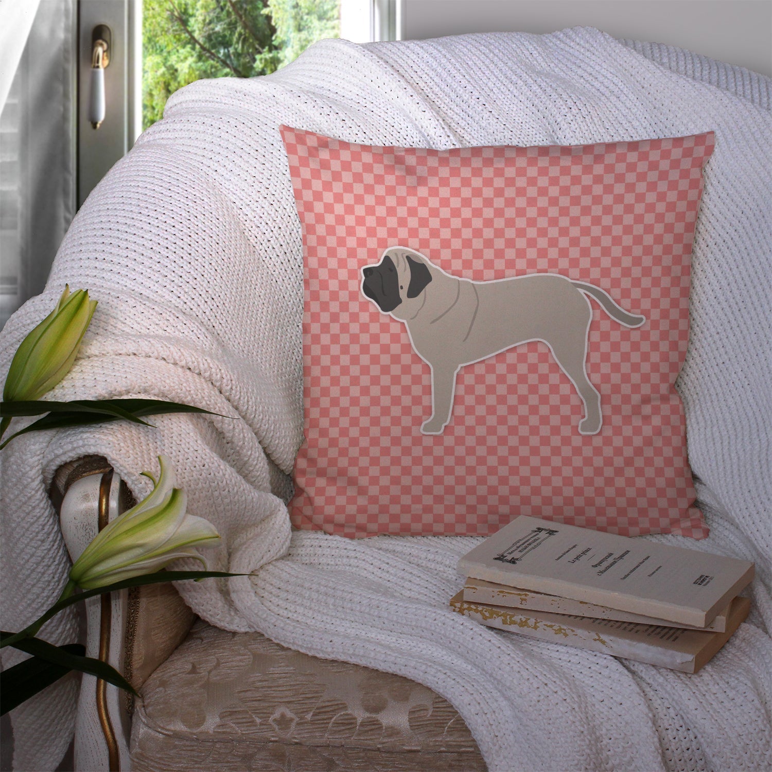 English Mastiff Checkerboard Pink Decorative Throw Pillow 14x14 Indoor Outdoor Accent Cushion, Fabric Cover with Insert for Sofa, Bed, Porch & Living Room