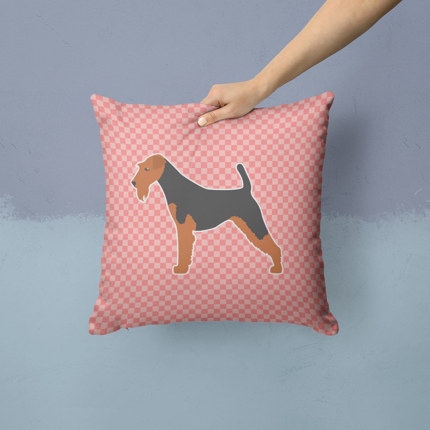 Airedale Terrier Checkerboard Pink Decorative Throw Pillow 14x14 Indoor Outdoor Accent Cushion, Fabric Cover with Insert for Sofa, Bed, Porch & Living Room
