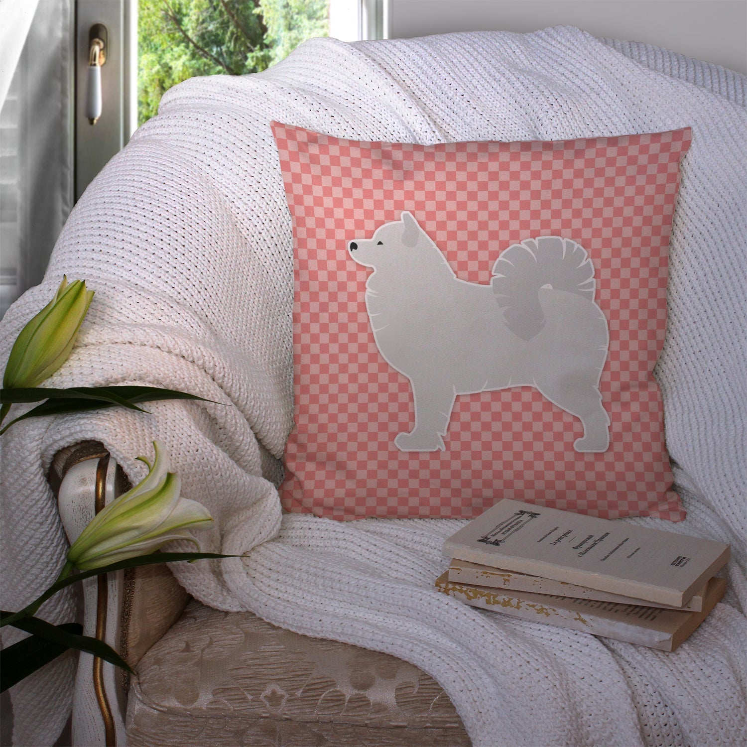 Samoyed Checkerboard Pink Decorative Throw Pillow 14x14 Indoor Outdoor Accent Cushion, Fabric Cover with Insert for Sofa, Bed, Porch & Living Room