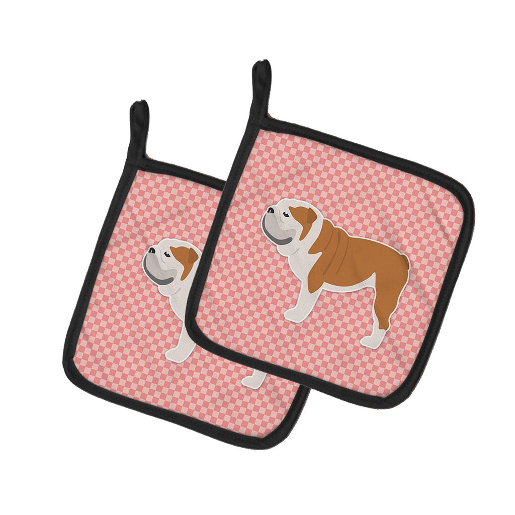 English Bulldog Checkerboard Pink Pot Holder Set of 2 Heat Resistant Quilted Hot Pads 7.5 x 7.5 Inch, Insulated Kitchen Trivets for Cooking & Baking
