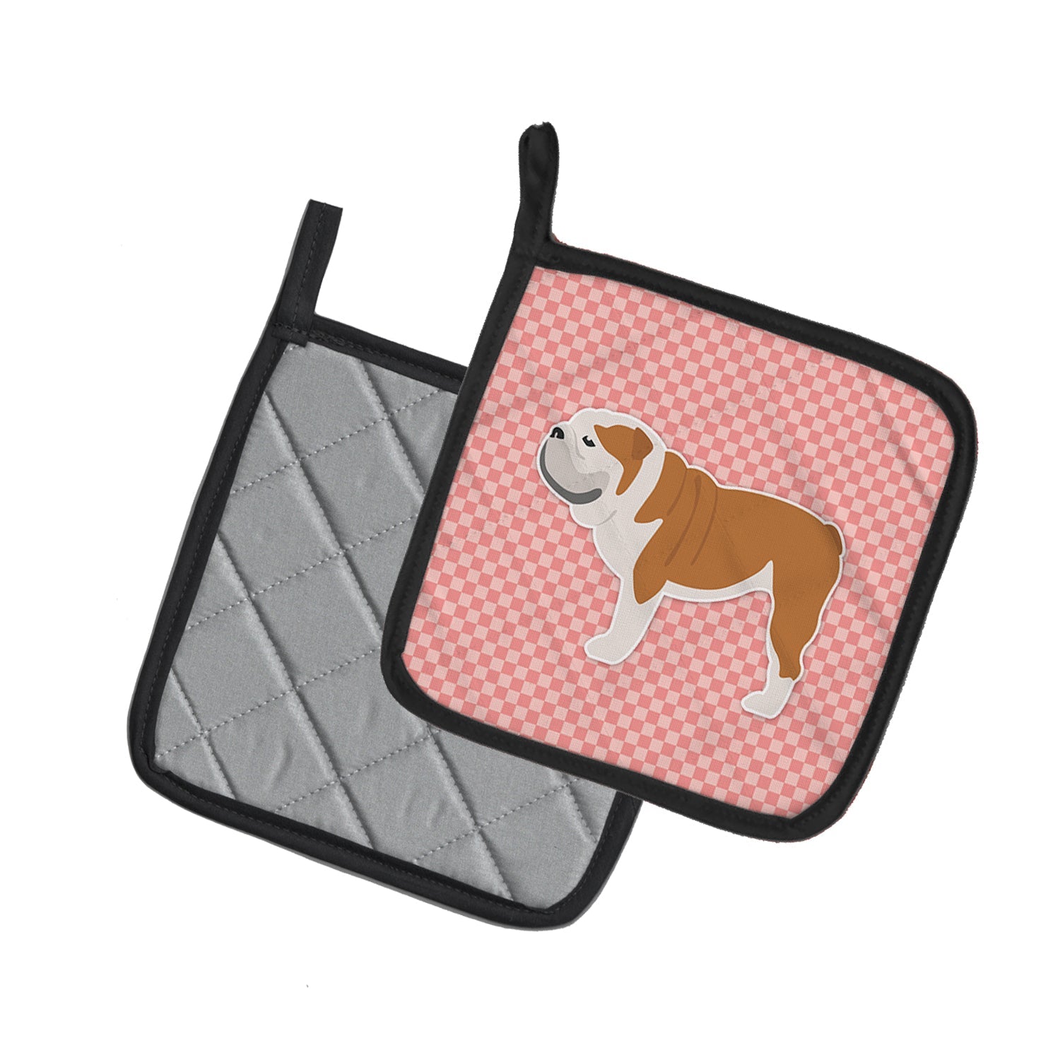 English Bulldog Checkerboard Pink Pot Holder Set of 2 Heat Resistant Quilted Hot Pads 7.5 x 7.5 Inch, Insulated Kitchen Trivets for Cooking & Baking