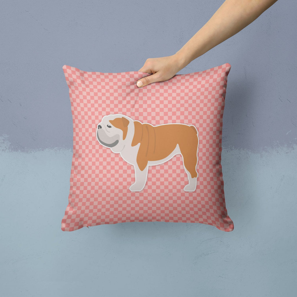 English Bulldog Checkerboard Pink Decorative Throw Pillow 14x14 Indoor Outdoor Accent Cushion, Fabric Cover with Insert for Sofa, Bed, Porch & Living Room